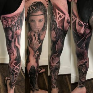 Black and grey realistic full leg tattoo of Norse woman, London, UK | #blackandgrey #realistic #tattoos #blackandgreytattoos #realistictattoos #fulllegtattoos #londontattooartist