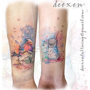 Love Is In The Air ➡️Contact: deexentattooing@gmail.com 🦆Merci Benjamin et Océanne🐇! . . . #coupletattoo #rabbittattoo #inkillustration #inkspiration #mandarinduck #tattoolovers #inks #tattoolover #inklove #tattoo #colorstattoo #deexen #watercolortattoos #tatouageparis #tattoos #tatouages 