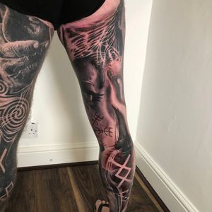 Black and grey realistic full leg tattoo of norse woman, London, UK | #blackandgreytattoos #realistictattoos #fulllegtattoos #londontattooartist