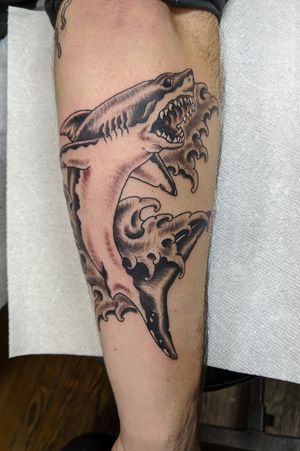 Great White by Joseph Gutshall @ Mooncusser Tattoo #blackandgreytattoo #traditional #traditionaltattoos #shark #ocean #nautical