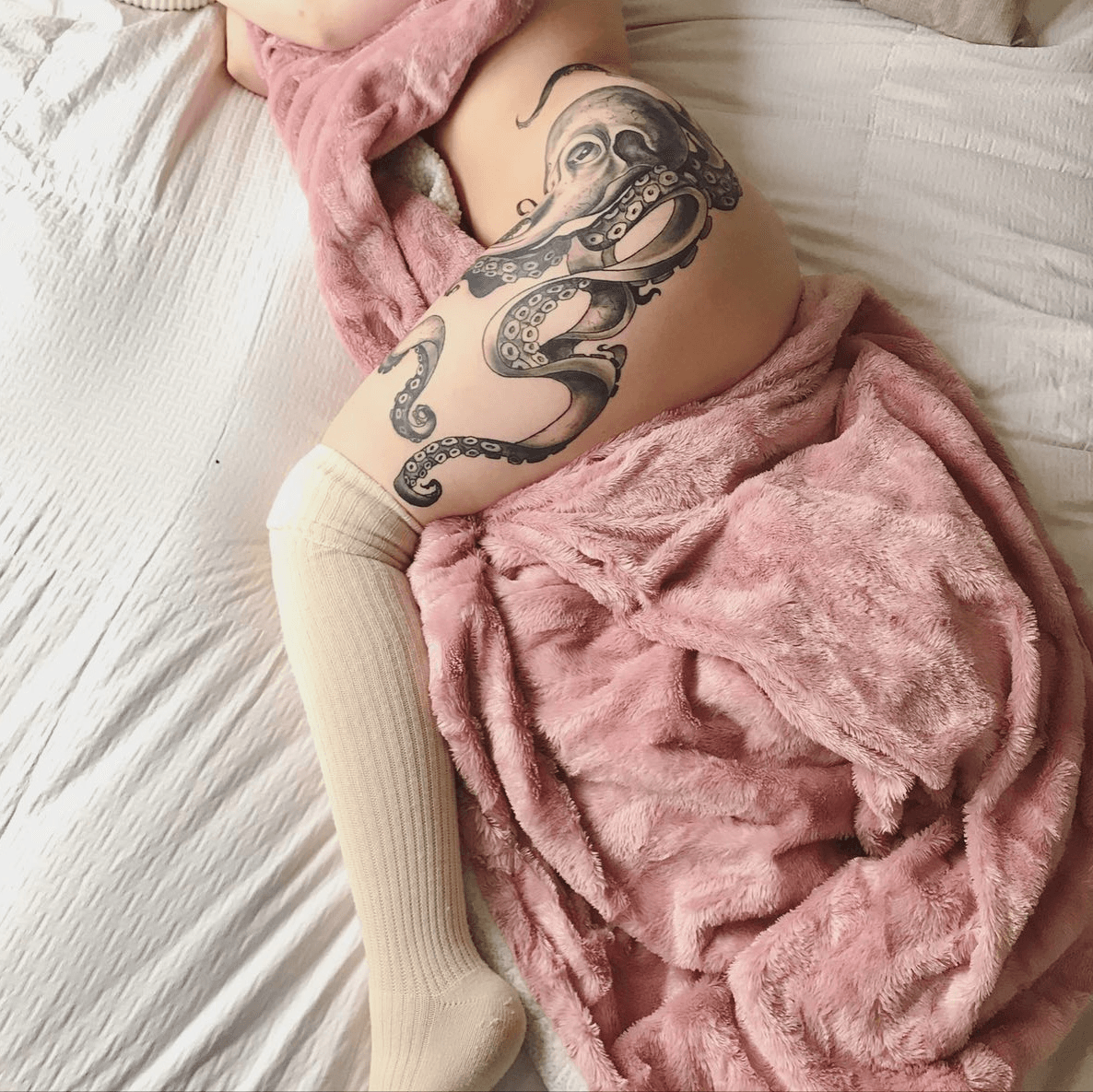 Octopus  Peonies Womens Thigh Tattoo  Best Tattoo Ideas For Men  Women