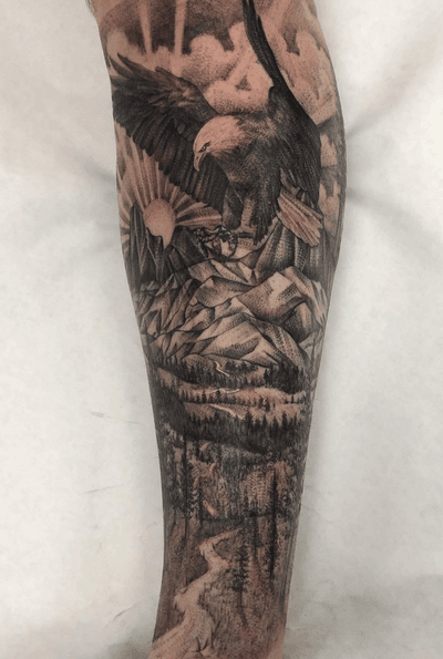 Wrapped up this leg sleeve with this scenic eagle look. Still got openings for February and March is open. Who want to get it? #eagletattoo #scenerytattoo #peaces #blackandgrey #bng #guyswithtattoos #girlswithtattoos #inked #inkedlife #tatuaje #blackwork #legsleeve #naturetattoo #blessed #oc #cypress #longbeach #skanvas #california