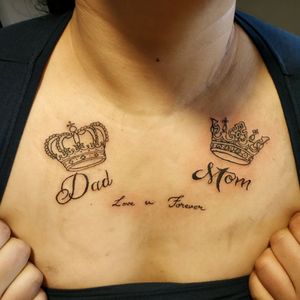 Dad & Mom tattoo on chest with simple king & queen crowns