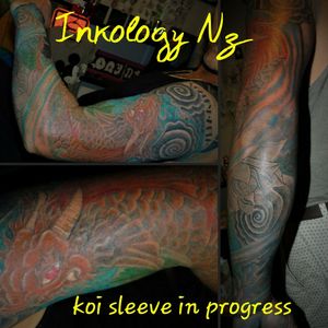 Koi dragon sleeve in progress. Another few sessions to go #koi #dragon #sleevetattoo #sleeveinprogress #koifish #christchurch #newzealand #color #colourtattoo #tattooart #tattoo 