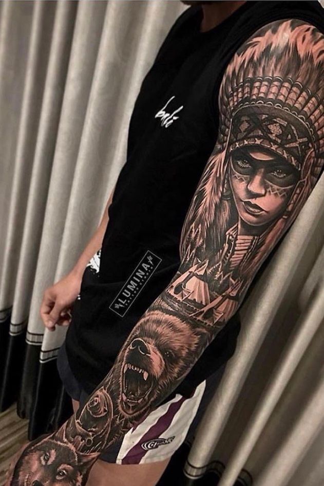 Native american sleeve tattoo - Bronctattooaus.com