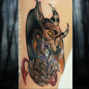 Jersey Devil. Neo traditional/new school full color tattoo. Part of a cryptid leg sleeve. Done during a guest spot at Helheim Gallery in Salem, MA