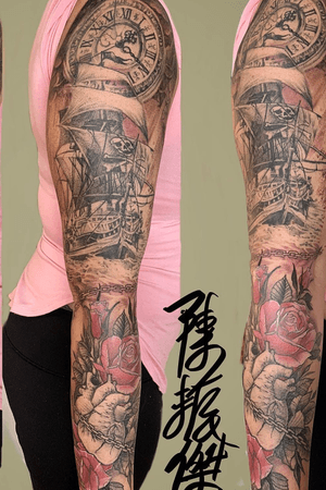 Pirate ship sleeve done thank you for letting me do this great meaningful tattoo . 🙏