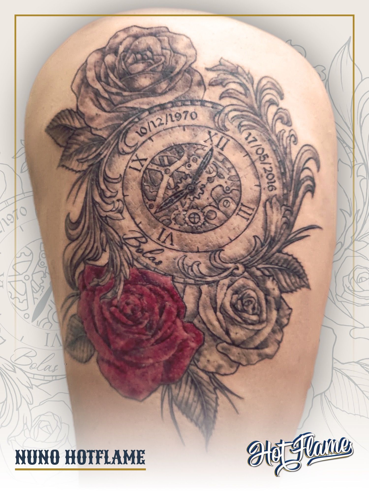 Clock And Red Roses Tattoo design