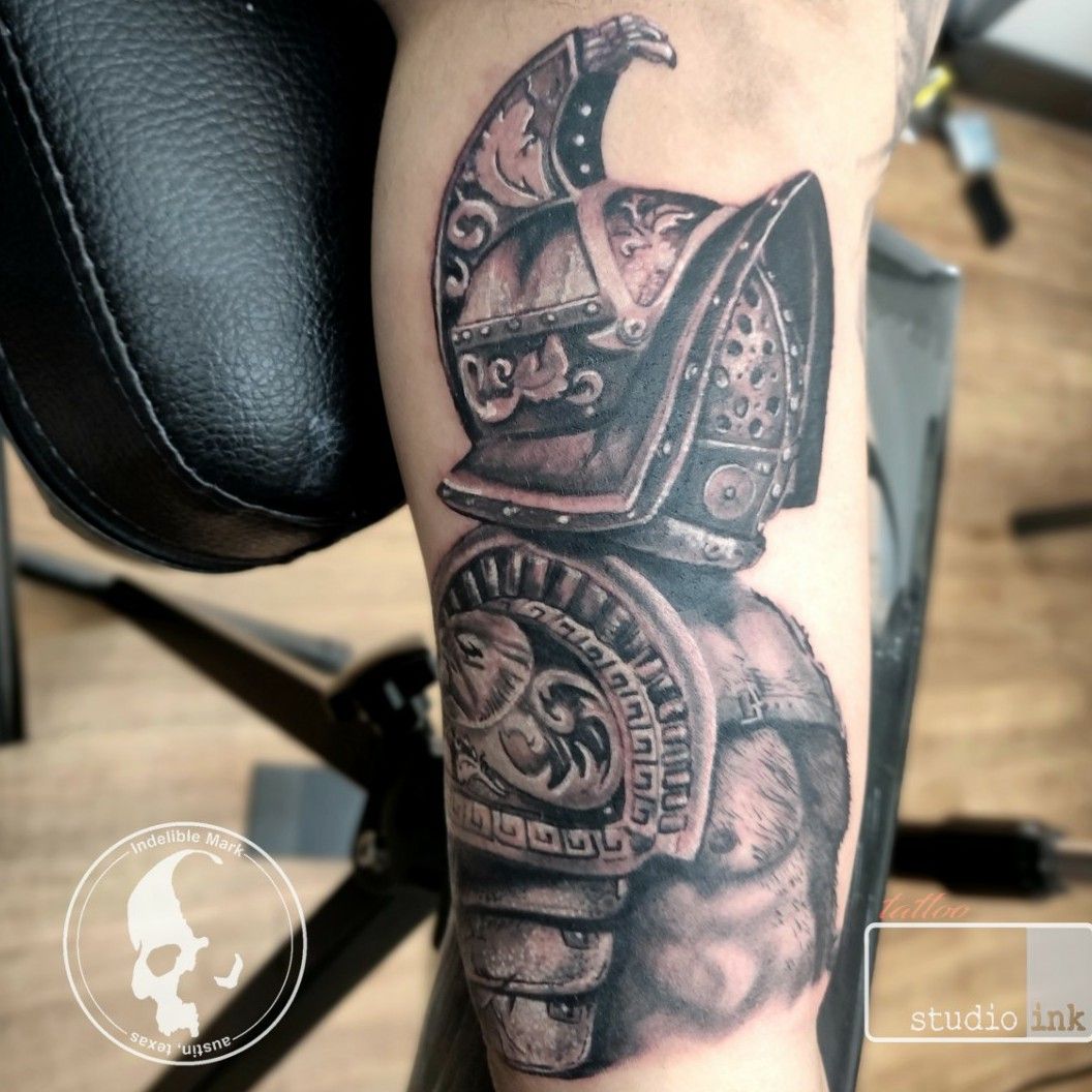 Full sleeve portrait tattoo in black and grey realism by Alo Loco London  UK Roman  Greek Soldiers