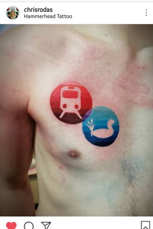 Done by Chris Rodas.Gradient fade of an "El"(elevated) train, and a Loon. I got these when I lived in Chicago, and my great-great grandma died that year. Ironic she didn't like tattoos at all, but oh well. #Chicago #Halsted #Gradient #Color #negativespace 