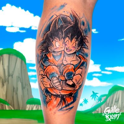 Goku and Son @guilleryan.arttattoo guilleryanarttattoo@gmail.com #goku #dragonball #geektattoos #animetattoos #mangatattoos #tattoobarcelona #sketchtattoo #watercolor #watercolorartist #watercolortattoo #watercolorph #watercolorillustration #theartoftattoo #colores #watercolortattoo #color #barcelonatattoo #tattoobarcelona