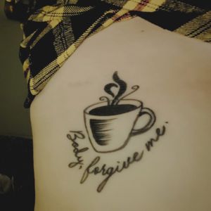 Eating disorder recovery symbol coming out as steam from a mug of coffee and the quote "body forgive me" from Blythe Baird's poem - relapse 