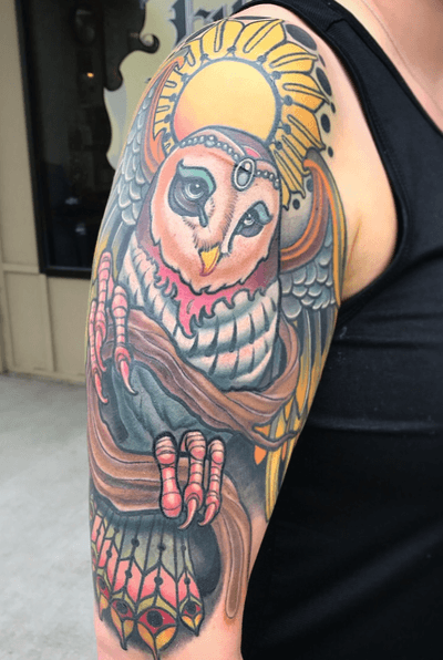 Neotrad / stylized owl: designed and tattooed by Kevin Farrand Instagram @KevinFarrandtattoos 