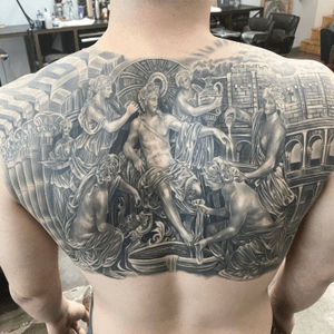 Experience tranquility with this black and gray upper back tattoo featuring water, angels, and a bath by Jake Masri.