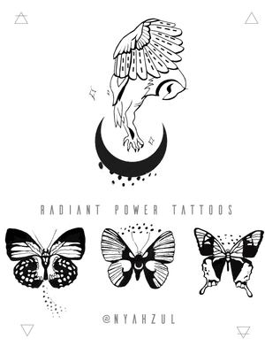 From is the 14th through the 21st I will run a Valentine’s day special on these tattoos, butterflies $75 each, owl $150 Each design will be tattooed once, email me at radiantpowertattoos@gmail.com to claim yours!   