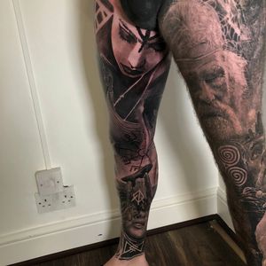 Norsse woman warrior full leg tattoo in black and grey realism, London, UK | #bestrealistictattoos #blackandgreytattoos #fulllegtattoos #londontattooartist