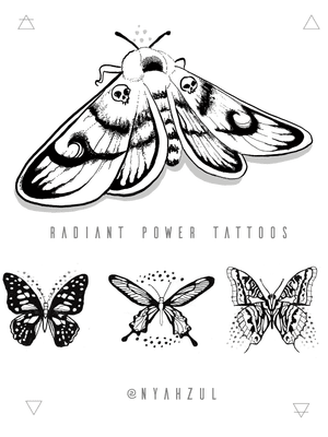 From the 14th through the 21st I will run a Valentine’s day special on these tattoos, butterflies $75 each, moth $150. Each design will be tattooed once email me at radiantpowertattoos@gmail.com to claim yours!   