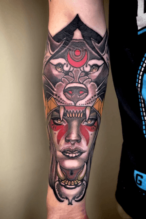 Neotrad style  Lady head and wolf designed and tattooed by Kevin Farrand. Follow @kevinfarrandtattoos on Instagram for updated art and inspiration! 