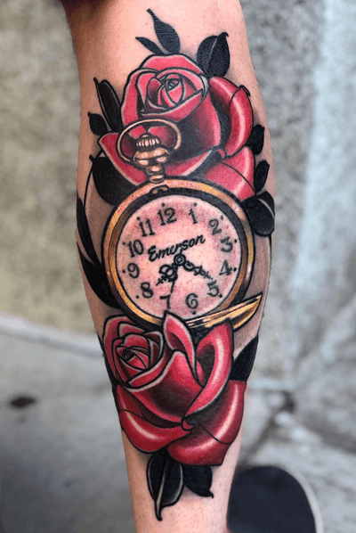 Roses and pocket watch designed and tattooed by Kevin Farrand 