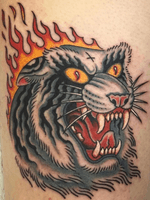 How badass is the fire-ocious beast tattooed by Manu - @manusantanatattoos! 🔥🐯🔥 To book a consultation with Manu, give us a call on 0208 549 4705!