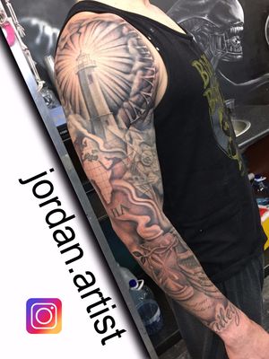Black and grey full sleeve tattoo