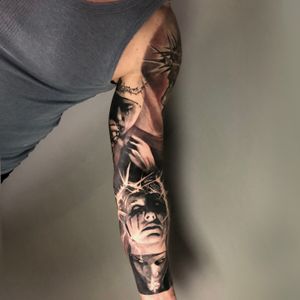 Nun, woman on a thorns crown and diabolic woman portraits tattoo on full arm sleeve in black and grey realism, London, UK | #blackandgrey #realistic #tattoo #portraittattoos #fullsleeve