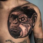 Black and grey realistic Cyber Ape Chest tattoo, London, UK | #bestrealistictattoos #bestblackandgreytattoos #apetattoo #chesttattoo