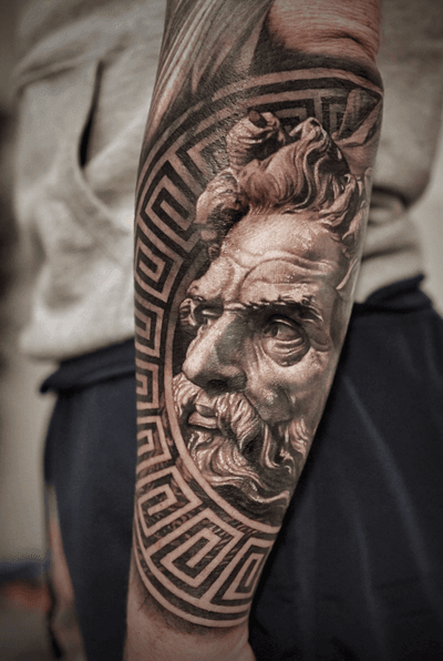 Tattoo by Josh Lin #JoshLin #sculpture #geometric #portrait #blackandgrey #arm