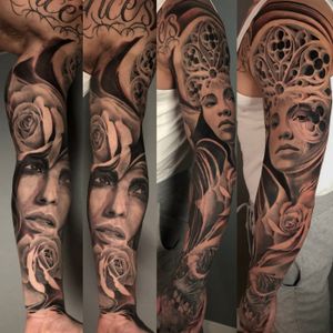 Gothic windows, roses and women portraits full sleeve arm tattoo, London, UK | #blackandgrey #realistic #tattoos #fullsleevetattoo #portraittattoos #rosetattoo