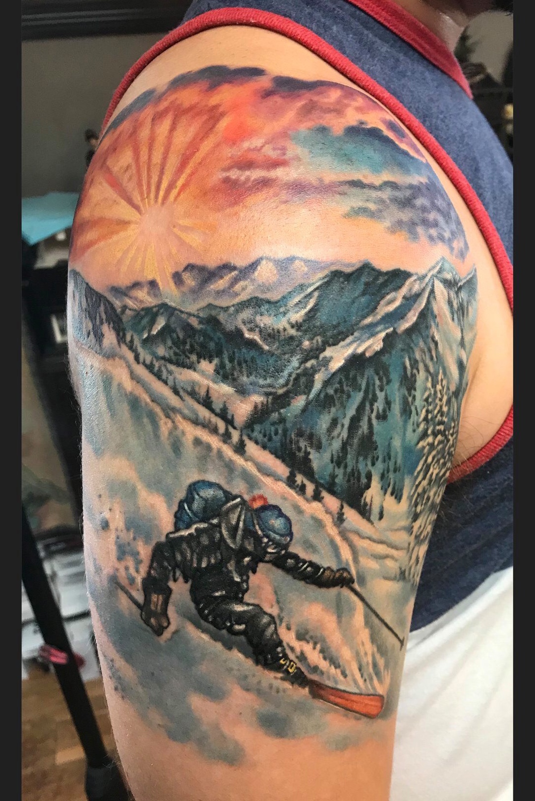 Tattoo uploaded by Sean Ambrose • Sunrise skier tattoo! #skitheeast I love projects like this-if you've got an idea like this, I'm your guy. • Tattoodo Tattoo uploaded by Sean Ambrose • Sunrise skier tattoo! #skitheeast I love projects like this-if you've got an idea like this, I'm your guy. • Tattoodo