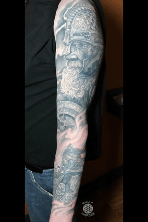 Odin, the Allfather, and Viking warrior sleeve, all finished! Black and gray/grey, I’d love to do a cool Valkyrie piece too-get at me if we’ve got the same goals!🔥