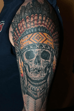Skull chieftain with Native American headdress tattoo I finished up the other day! You can never go wrong with a skull or headdress-if you’ve got both in one piece, you’re doing something right.