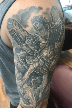 Saint Michael half sleeve, black and gray/grey. This is a popular and iconic tattoo. I’d totally be down to do another demon-slaying tattoo, and if you want something less popular/something custom, we could do something really badass. Email me, let me know. 🔥🔥🔥