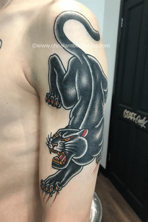 Traditional American style crawling panther by Chris Lambert. Tattooed at snake and Tiger in Leeds city centre, Uk. Please email or call to set up a consultation. Www.chrislamberttattoo.com