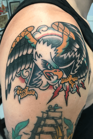 Traditional American style eagle by Chris Lambert. Tattooed at snake and Tiger in Leeds city centre, Uk. Please email or call to set up a consultation. Www.chrislamberttattoo.com