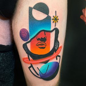 Surreal sculpture tattoo by Mike Boyd #MikeBoyd #color #sculpture #shapes #abstract #surreal #portrait #star #planet #strange