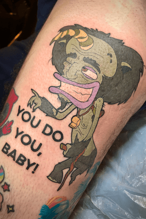 Hormone monster from big mouth. Part of an on going leg sleeve tattoo for Rick. 