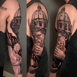 Saint Peter and James full sleeve tattoo in black and grey realism, London, UK | #blackandgreytattoos #realistictattoos #fullsleevetattoos #religioustattoos 