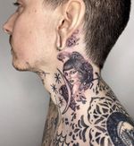 Neck tattoo by Nick Rose #NickRose #necktattoo #portrait #lady #moon #peacock #mask #behindeartattoo #chicano #oldschool #illustrative #blackandgrey