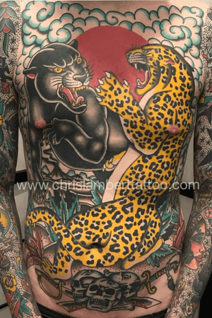 Traditional American style leopard vs panther by Chris Lambert. Tattooed at snake and Tiger in Leeds city centre, Uk. Please email or call to set up a consultation. Www.chrislamberttattoo.com
