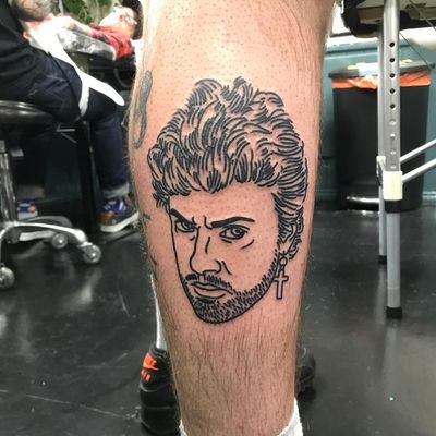 George Michael portrait tattoo by Dicky aka dicky1981 #dicky1981 #dicky #georgemichael #portrait #music #cross #linework #blackwork