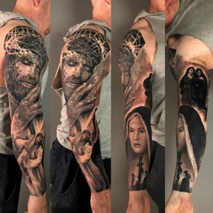 Maria Maddalena and Jesus Christ portraits full arm sleeve coverup tattoo in black and grey realism, London, UK | #blackandgrey #realistic #tattoos #portraittattoos #fullsleevetattoo