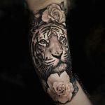 Tiger rose sleeve #tigertattoo #tigerhead #blackandgreytattoo #realism #realistic #animalportrait #marloeslupker #marloeslupkertattoo #inkandintuition #amsterdam