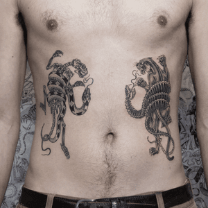 Stomach tattoo by Mike End #MikeEnd #stomachtattoo #snake #panther