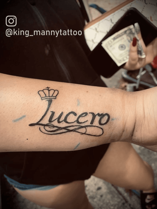 Tattoo Uploaded By Victor Lopez Name Tattoo With Princess Crown Cursive Crown Name Script Small Swirls Arm Female Male Lettering Tattoodo
