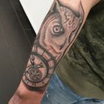 Owl clock tattoo #owltattoos #owl #blackandgreytattoo #blackandgrey #realism