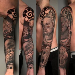 Mayan Aztec full sleeve tattoo in black and grey realism, London, UK | #blackandgreytattoos #realistictattoos #fullsleevetattoos #mayantattoos #portraittattoos 
