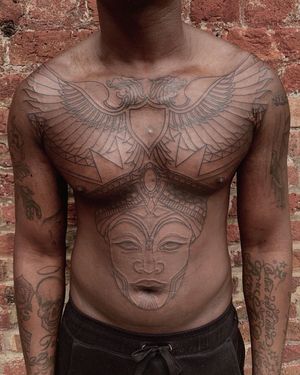 Tattoo by Mario Benedetti #MarioBenedetti #illustrative #wings #goddess #chest #stomach