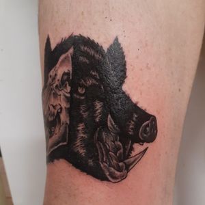 Black work boar skull and boar head tattoo #Boartattoo #Boar #blackworktattoo 
