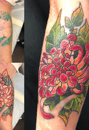 Cover-up. Freehand chrysanthemum over whatever flower that used to be.